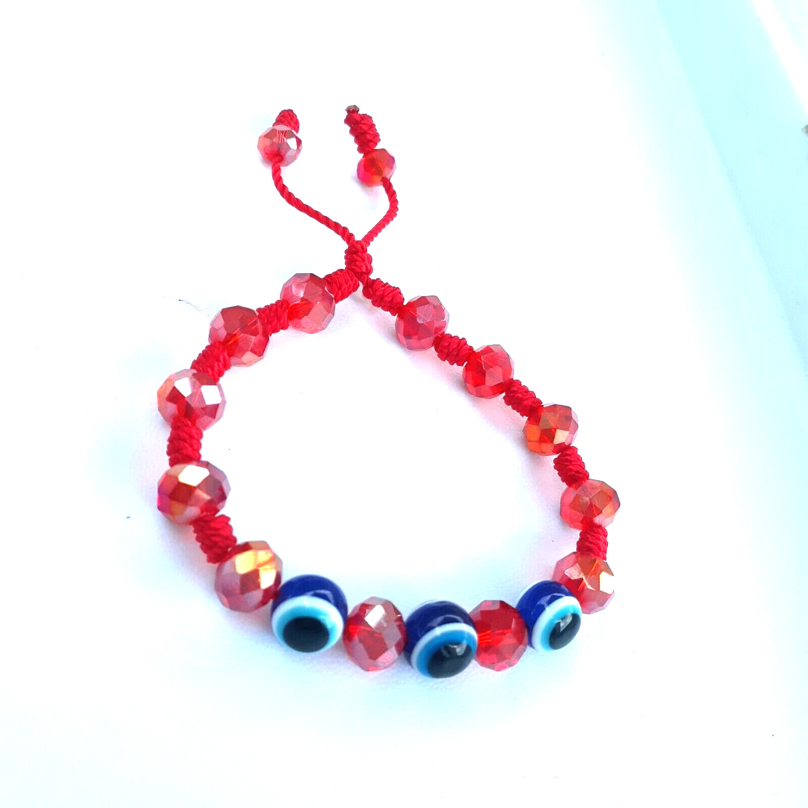 Protection Bracelets 3 Blue Evil Eye with clear red crystal and red string