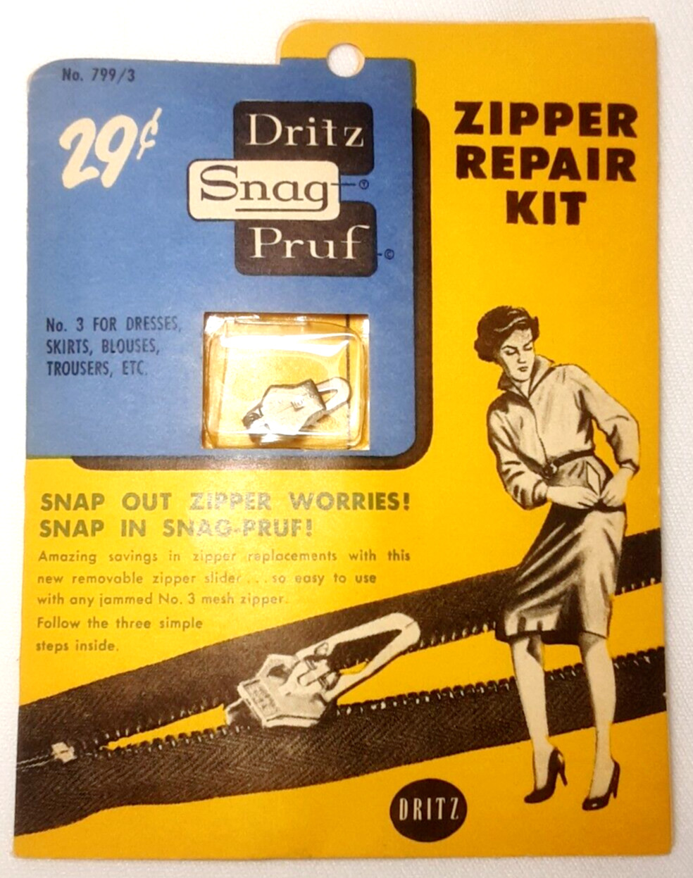Antique 1930s Dritz Advertising Old Stock Zipper Repair Kit Snag Proof New York
