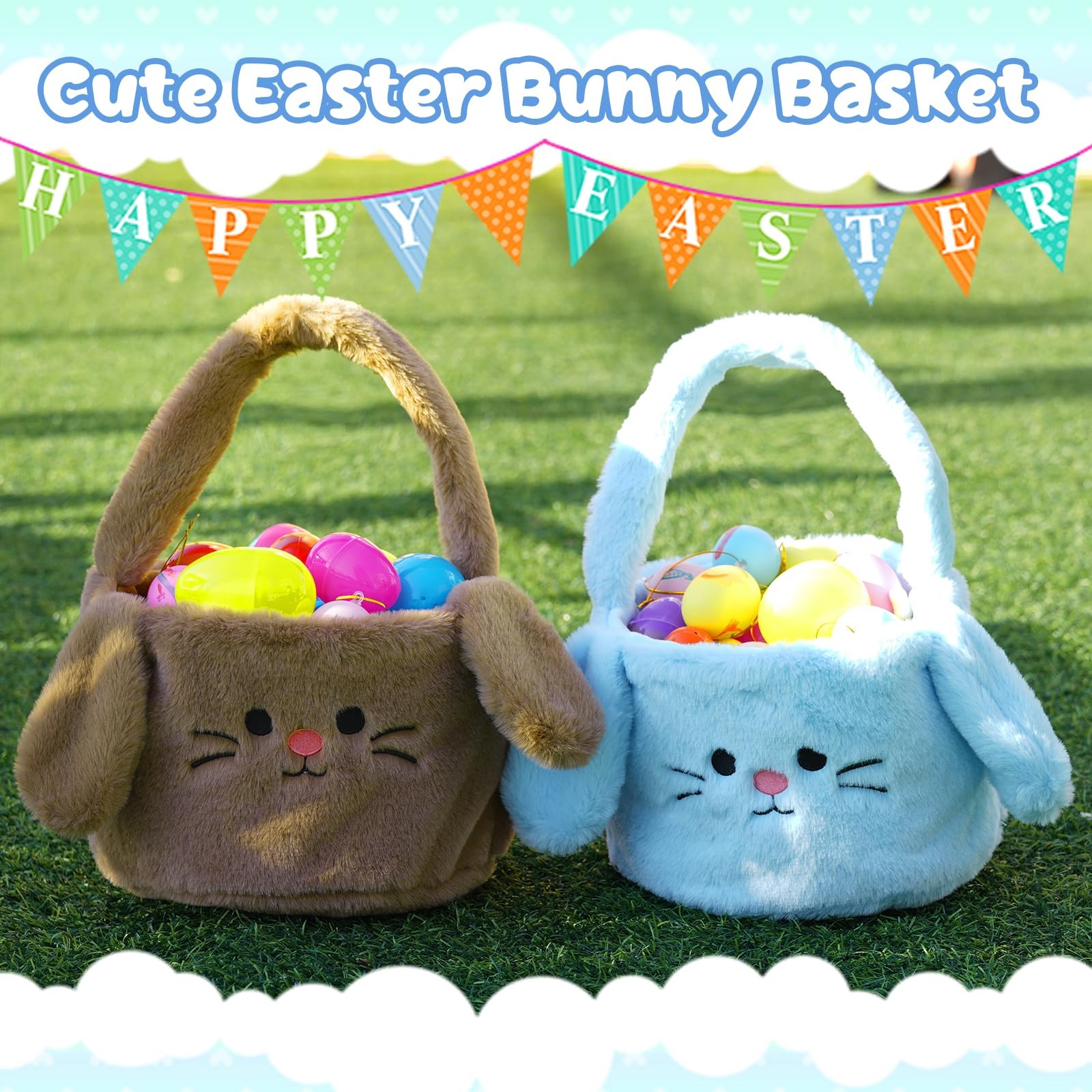 KOPHINYE Easter Basket for Kid, Blue Easter Bunny Basket with Handle, Boys Ea...