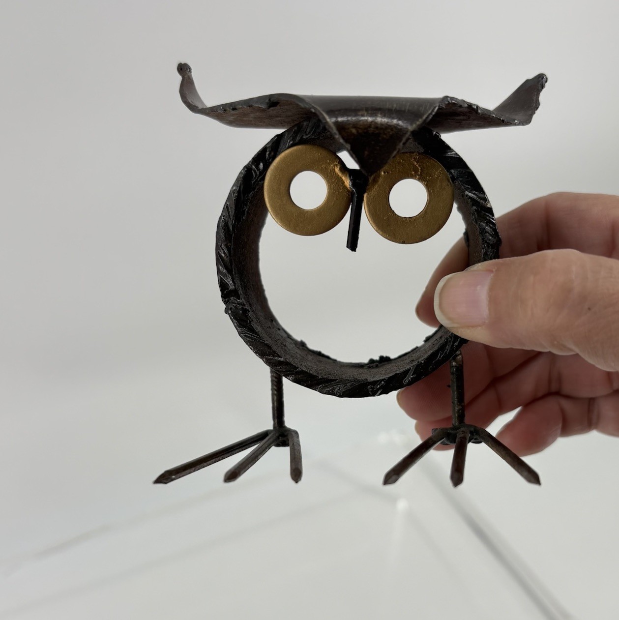 Vintage Brutalist Hand Forged Metal Owl Sculpture Mid Century Modern Iron Art 3”