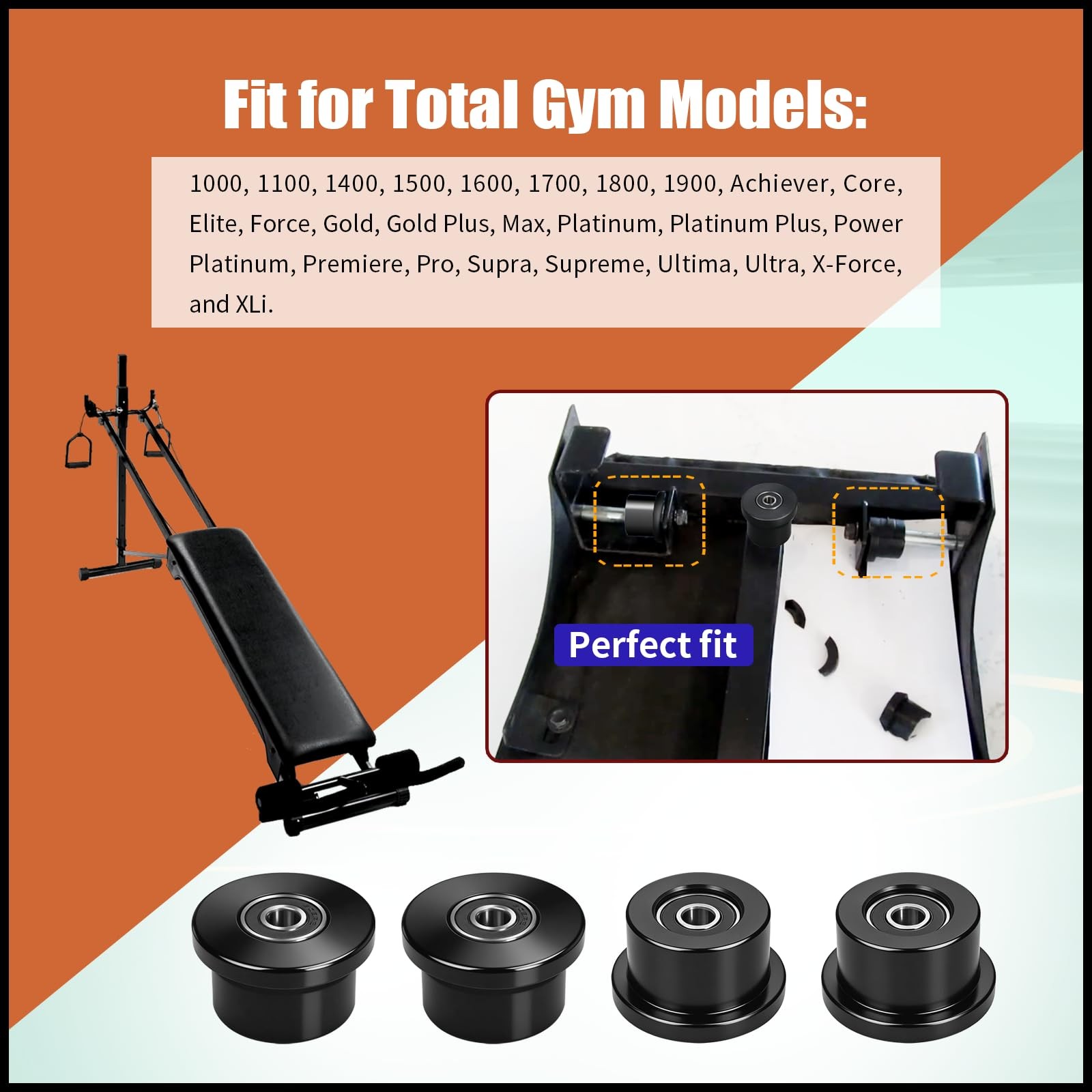 "4 Machined Wheels/Rollers for Total Gym Models 1000 to 1900 Replacement"