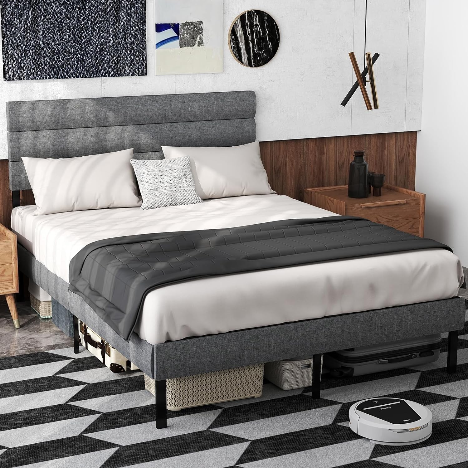Queen Size Upholstered Bed Frame with Headboard Metal Platform Bed Frame Queen