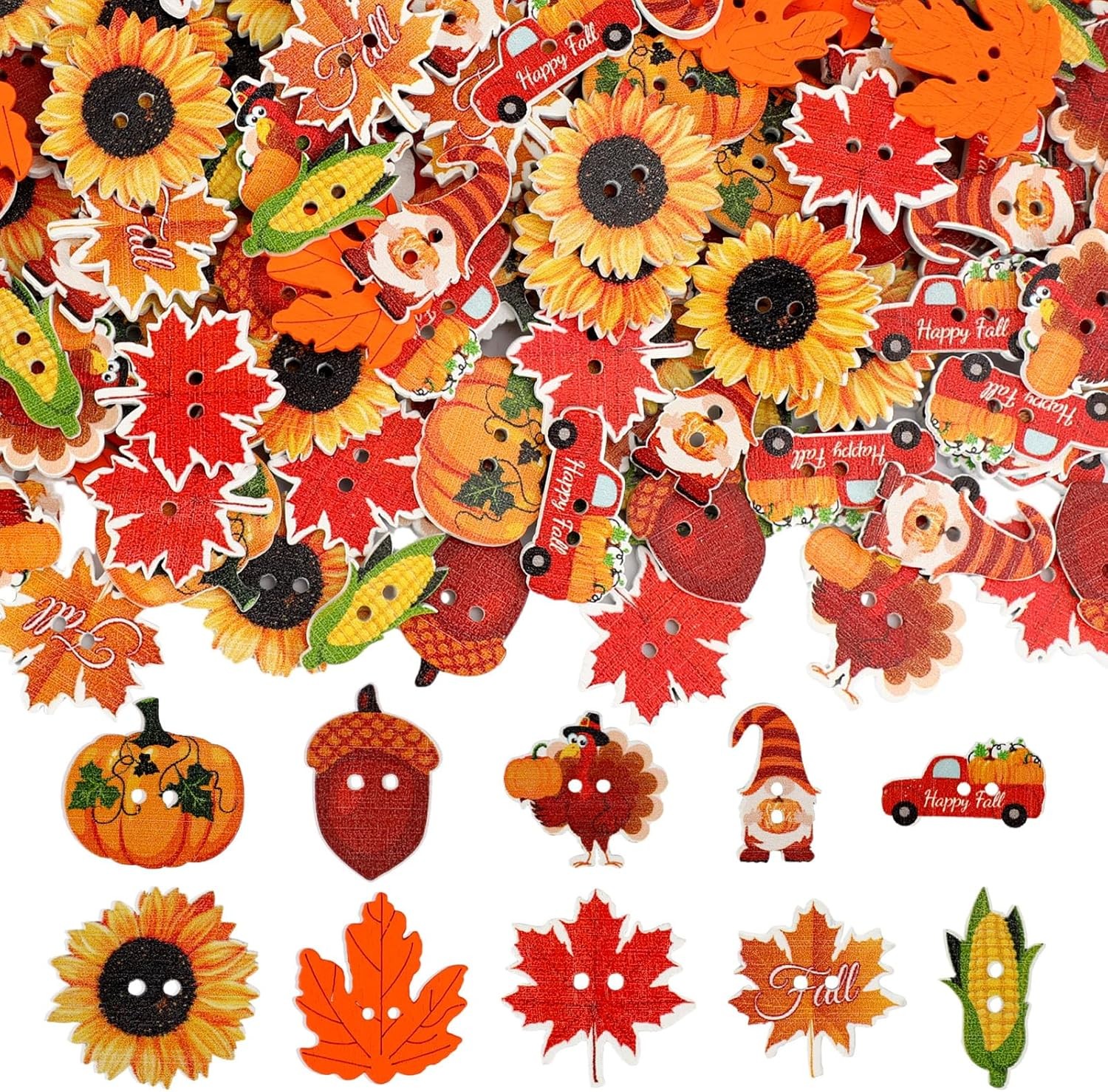 AUGSUN 250pcs Fall Thanksgiving Wooden Buttons, Autumn Leaves Color