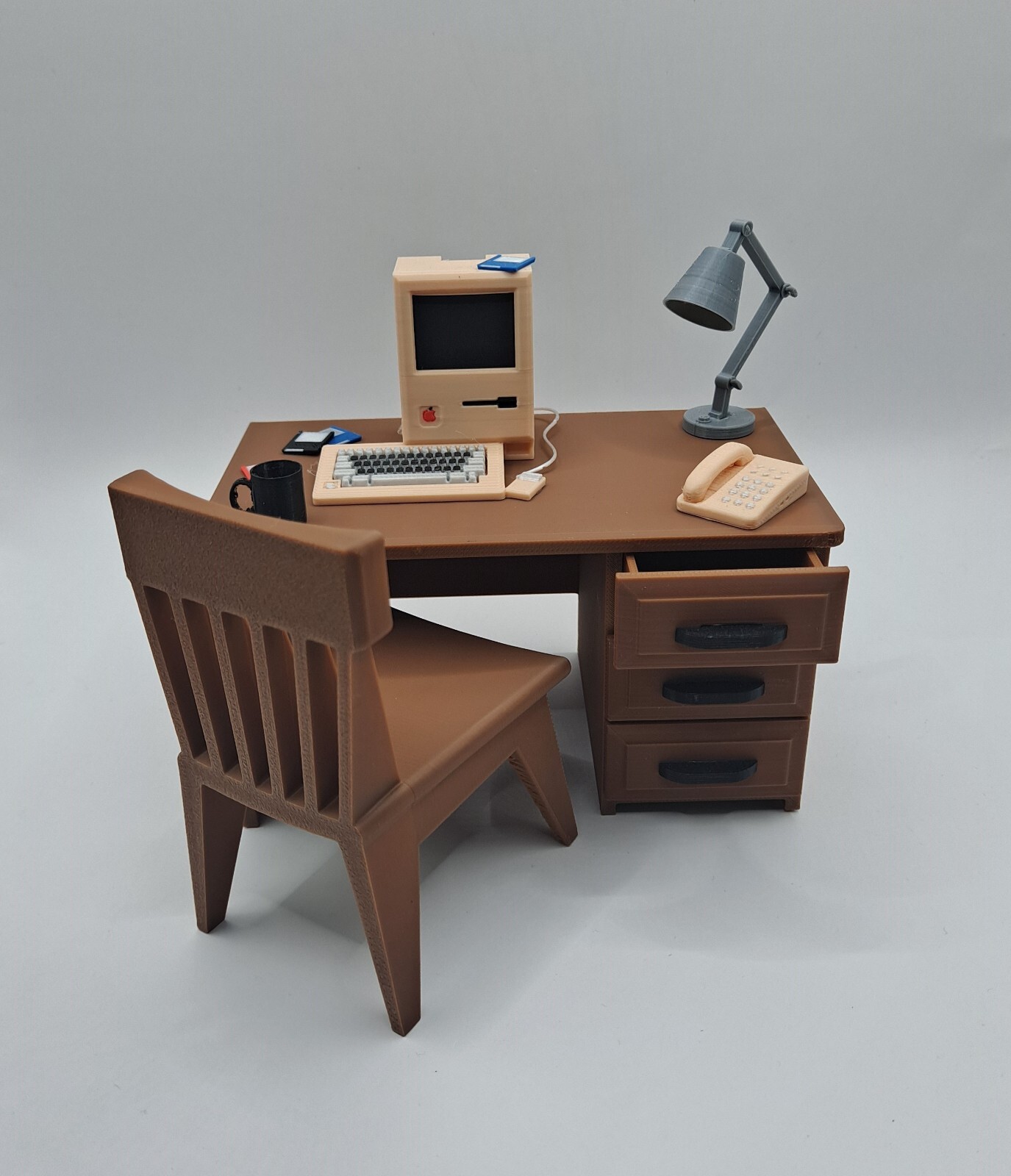 1980s Macintosh Computer Desk Diorama with Lamp, Telephone, Mug