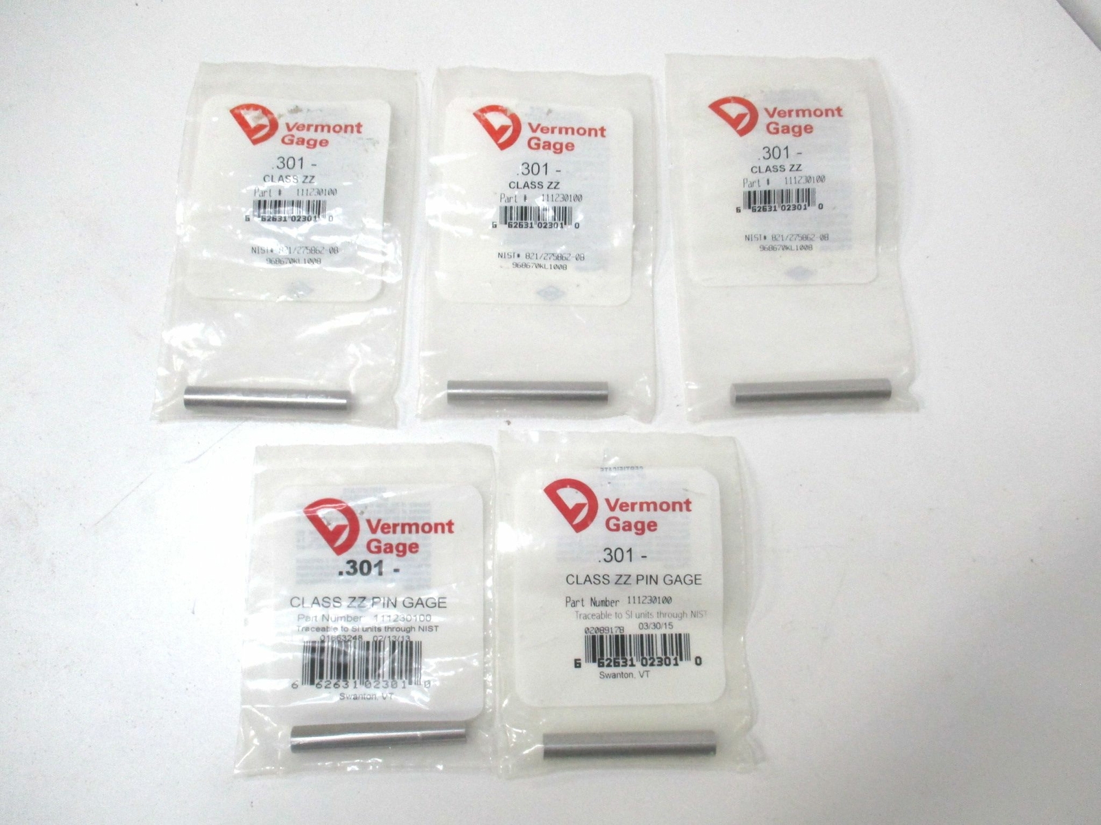Vermont Gage (111230100) 0.301" Tolerance Class ZZ Steel No-Go Pin Gage - Qty 5
