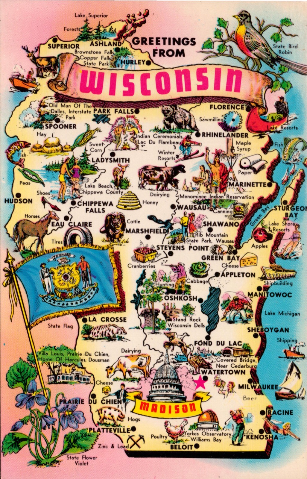 Vintage Postcard Greetings From Wisconsin Badger State 1980s Capital Madison
