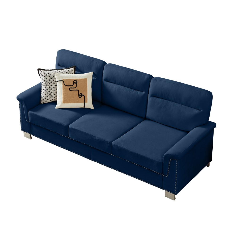 82" Blue Snowfleece Fabric 3-Seater Sofa w/ Rolled Arms for Living Room