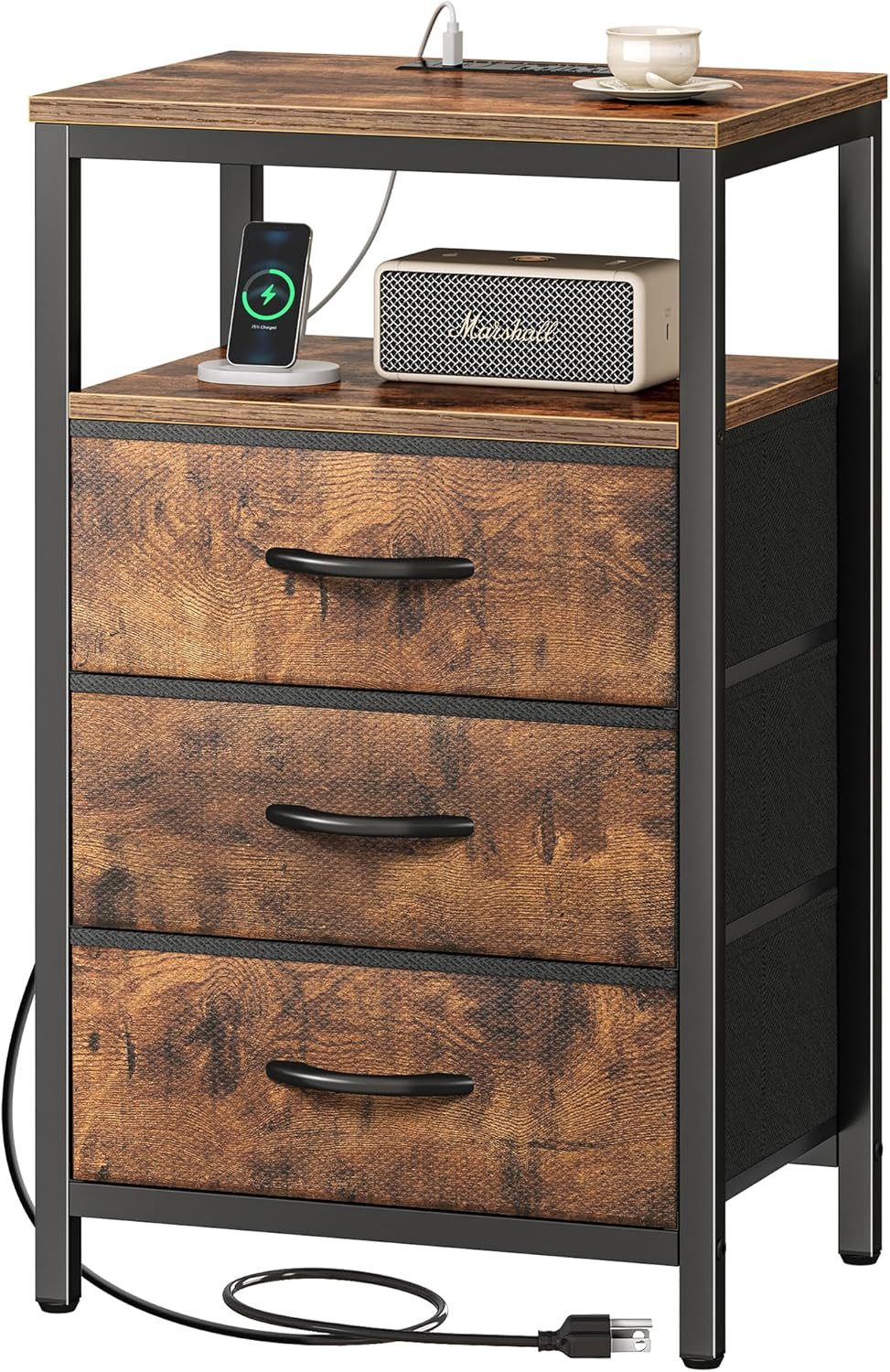 27.6" Nightstand w/ USB Ports & Outlet Charging Station, Fabric Drawers, Rustic