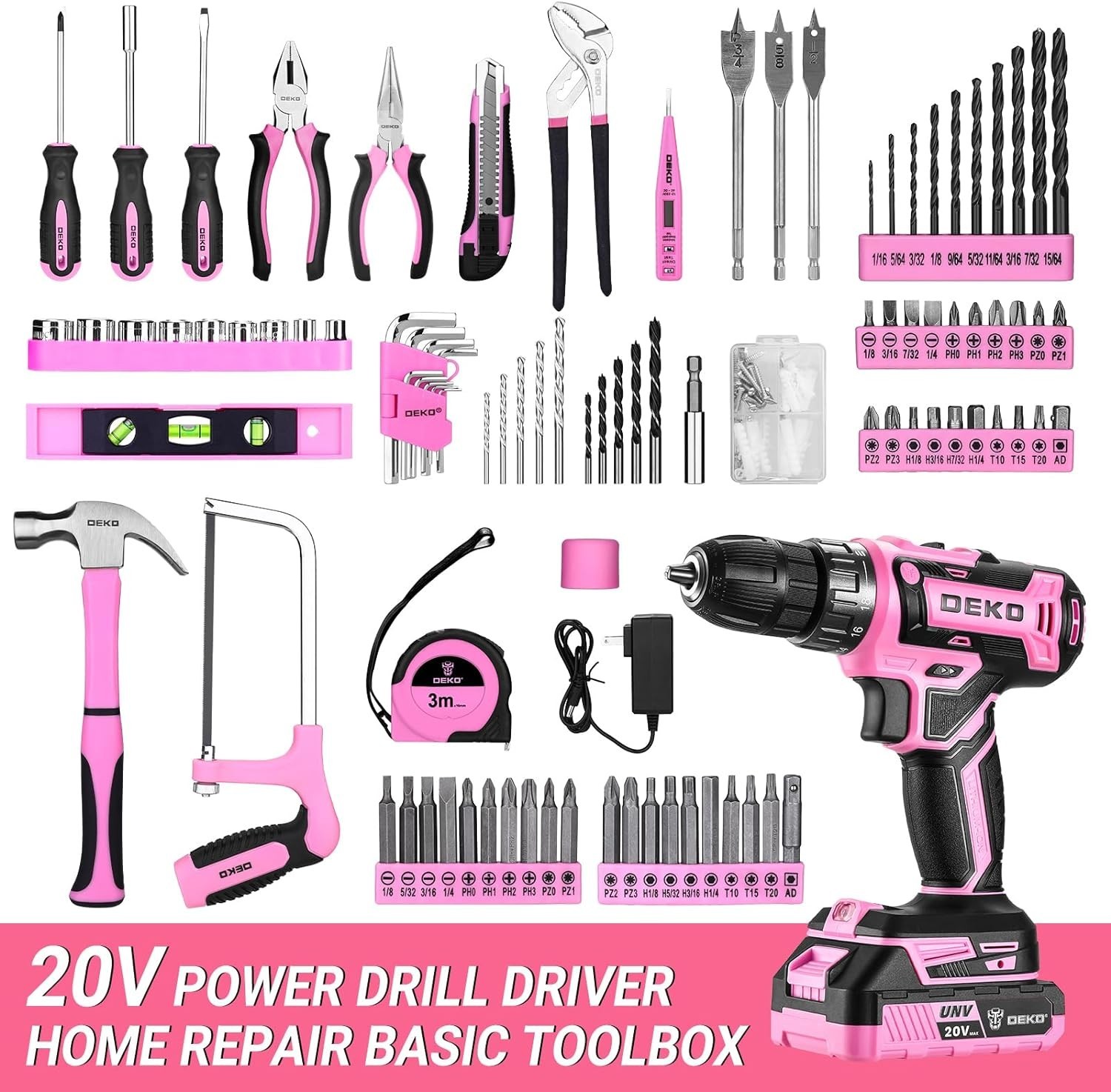 Pink Power Drill Tool Kit Set: 20V Cordless Electric Drill, Driver, Tool Box ...