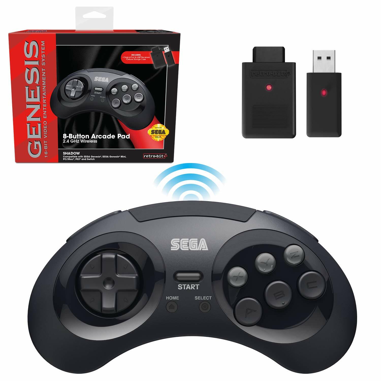 Retro-Bit 2.4 GHz Wireless Controller 8-Button Sega Genesis Original/Mini Black