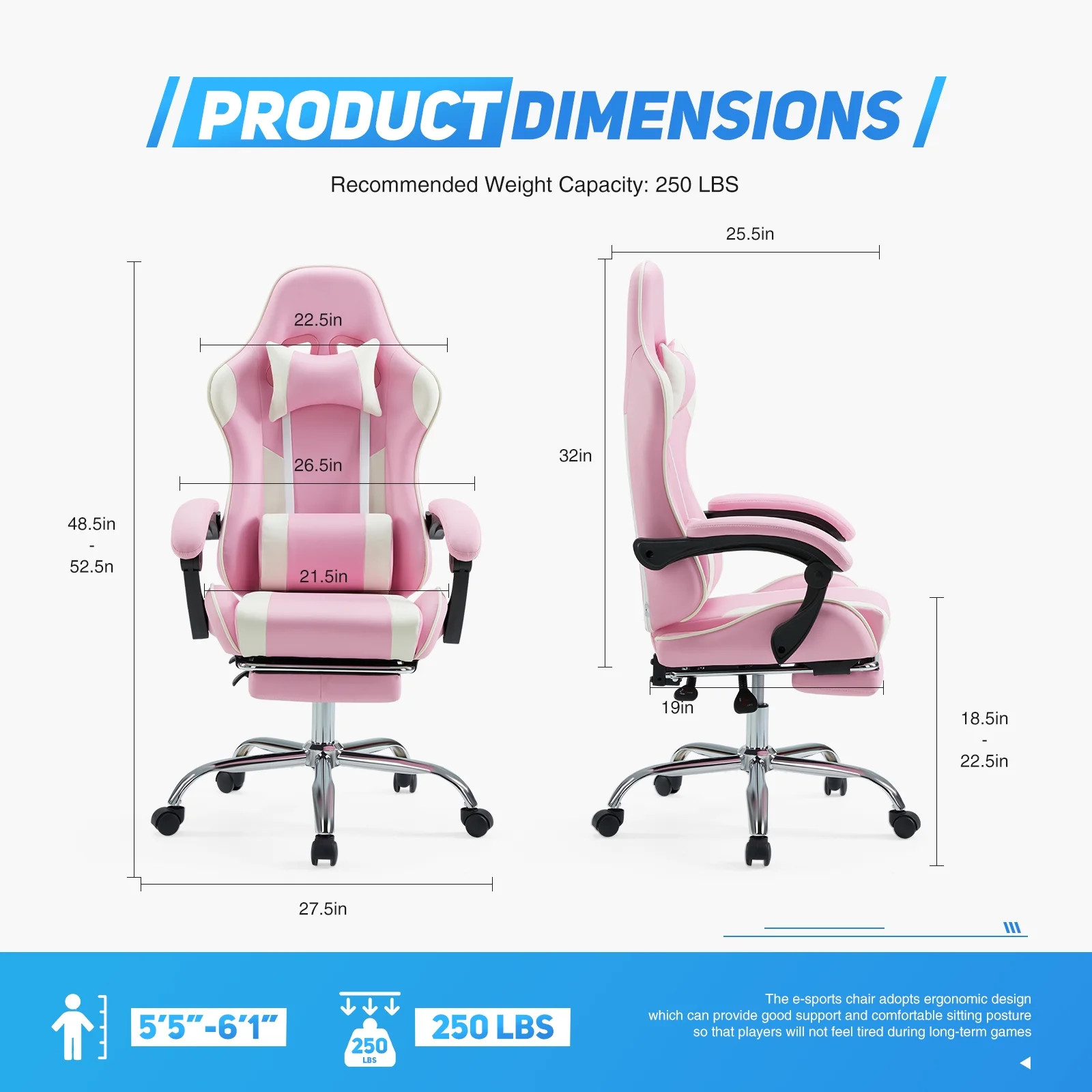Ergonomic Gaming Chair with Headrest and Lumbar Pillow,Height Adjustable with 36