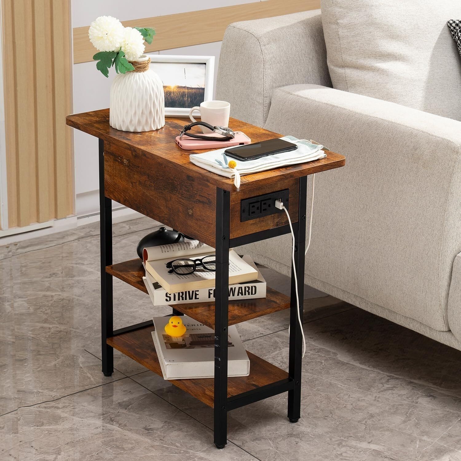End Table W/ Charging Station Flip Top Side Table Nightstand Living Room Bedroom