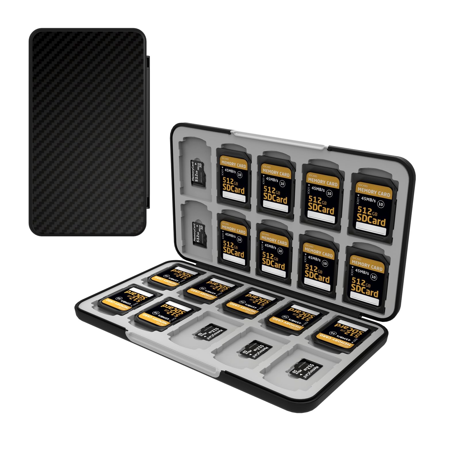 Memory Card Case with 40 Slots for 20 Micro SD SDXC SDHC Carbon Fibre Black