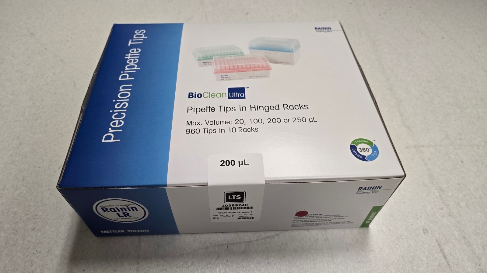 Rainin BioClean LTS Pipette Tips, 200uL, 10 Racks 96 tips each, part 30389240