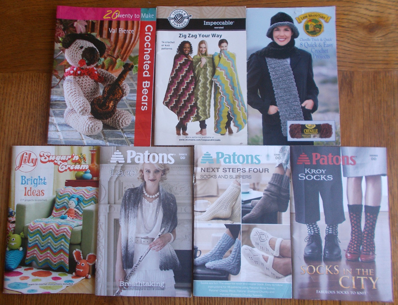 Lot of Seven 21st Century Crochet and Knitting Pattern Books from Easy to Hard