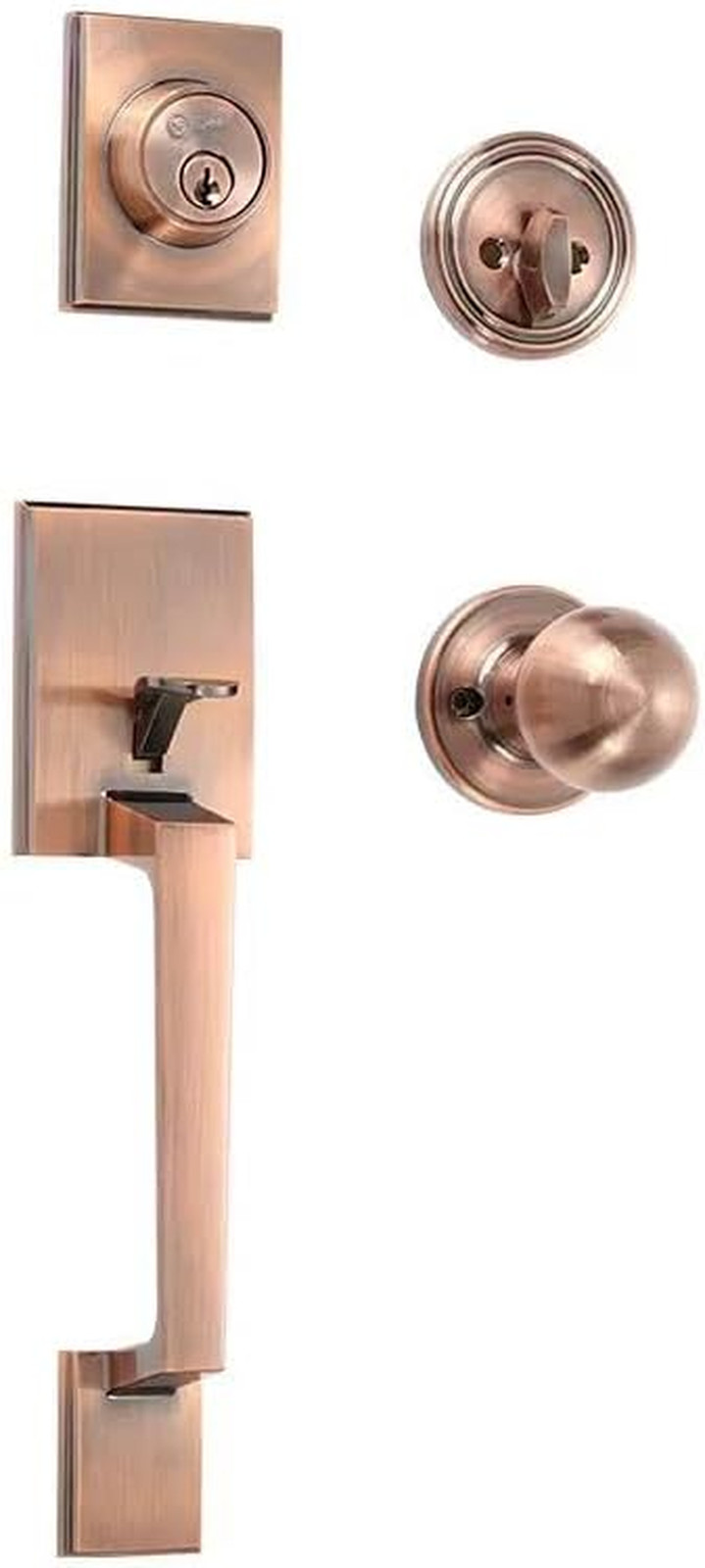 Front Door Handle and Deadbolt Lock Set Single Cylinder Antique Copper Finish