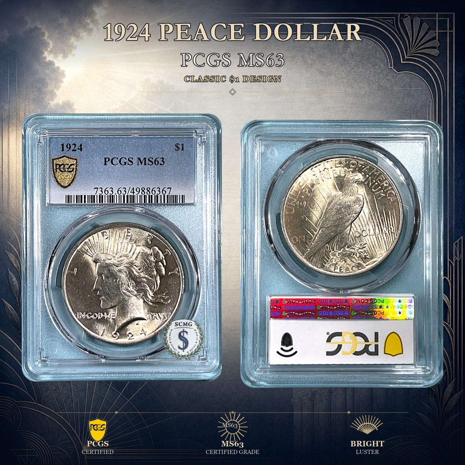 1924 Peace Dollar PCGS MS63 - Champagne White in Gold Shield