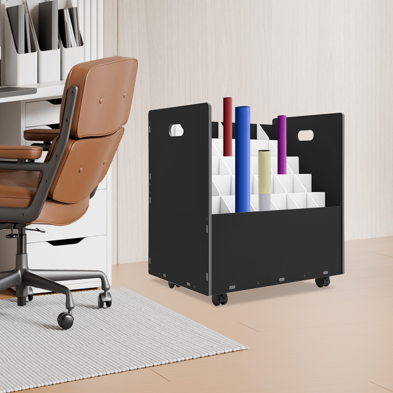 Mobile Roll File Storage Rack, Roll Files Storage Cabinet with Wheels, 30 Slots