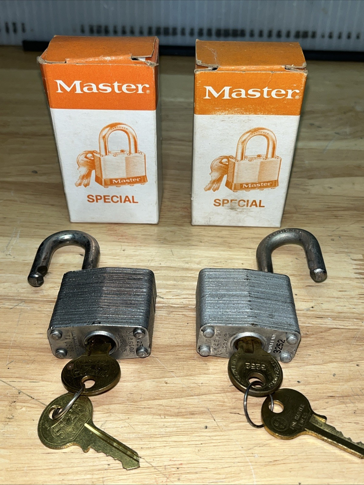 X2 (two) Master Lock Padlock No. 3 Short Shackle W/2 Keys Each And Boxes
