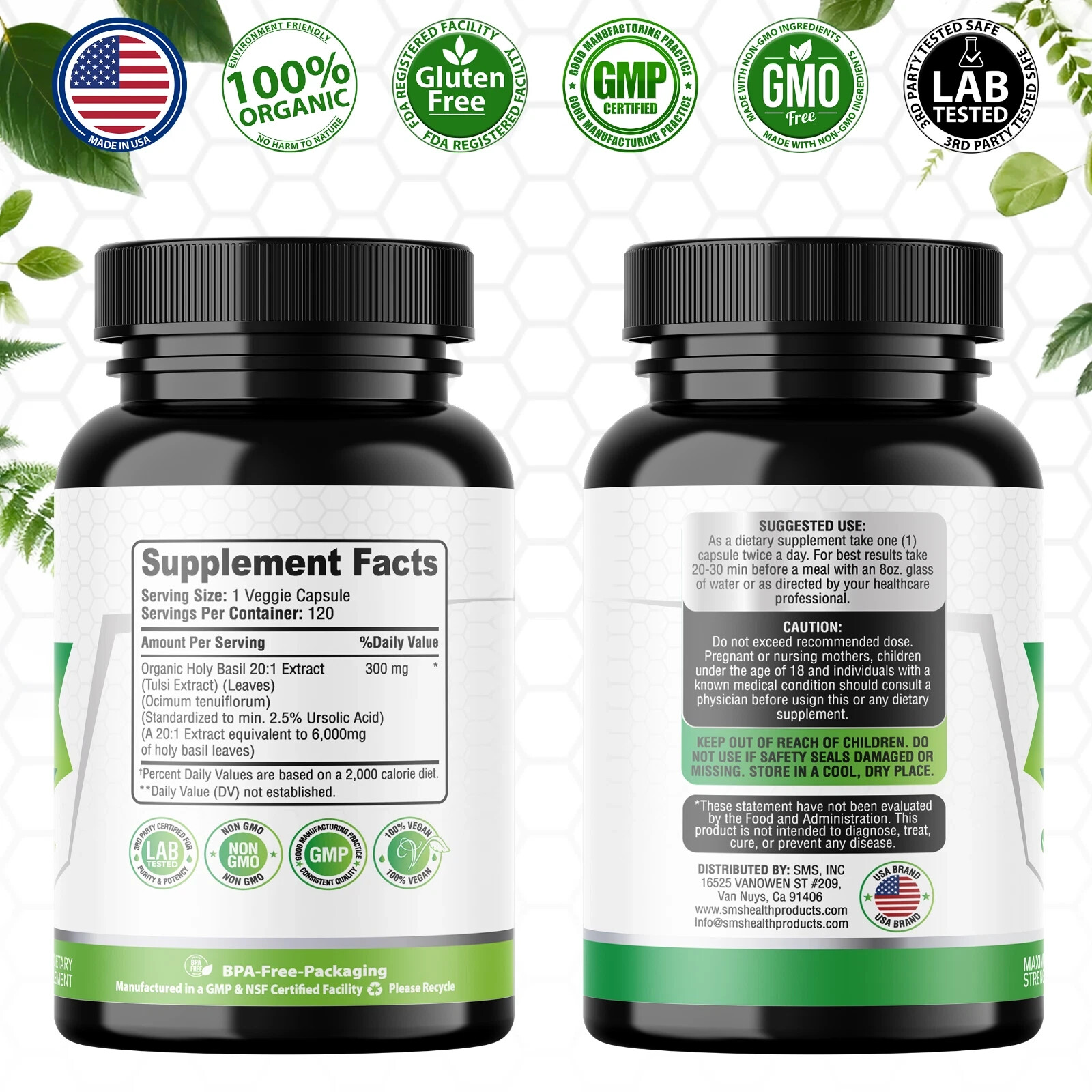 Holy Basil 20:1 Extract 2.5% Ursolic Acid Organic 120 Veg Capsules Made in USA