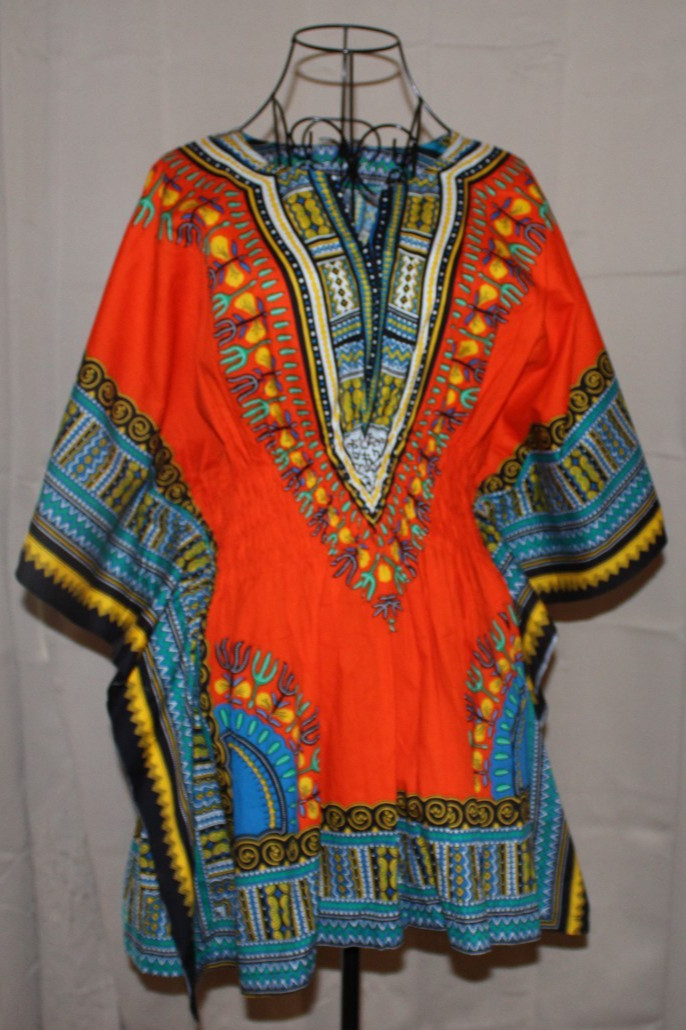 Vintage Mama & Papa African Dashiki Tunic Top Orange Angelina Print Shirt OSFM