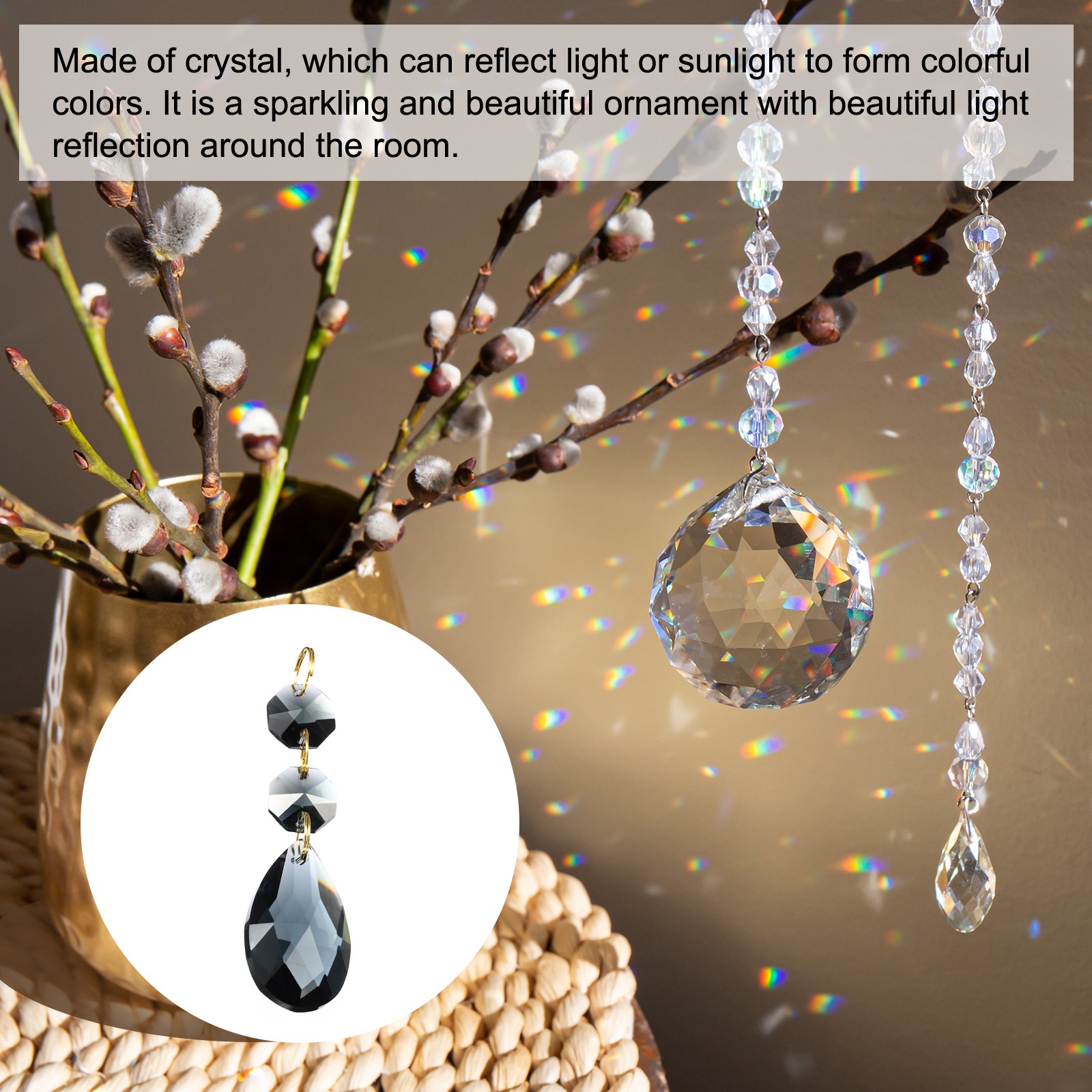 5Pcs 38mm Light Black Crystal Teardrop w 14mm Octagonal Bead Light Black