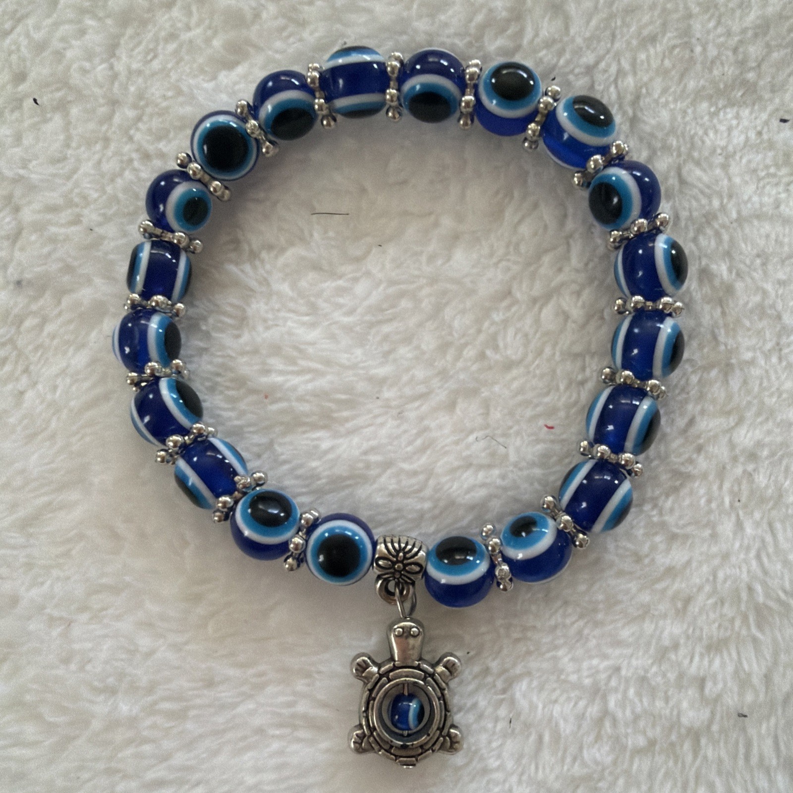 Handcrafted Blue Glass Beaded Bracelet with Turtle Dangle Charm