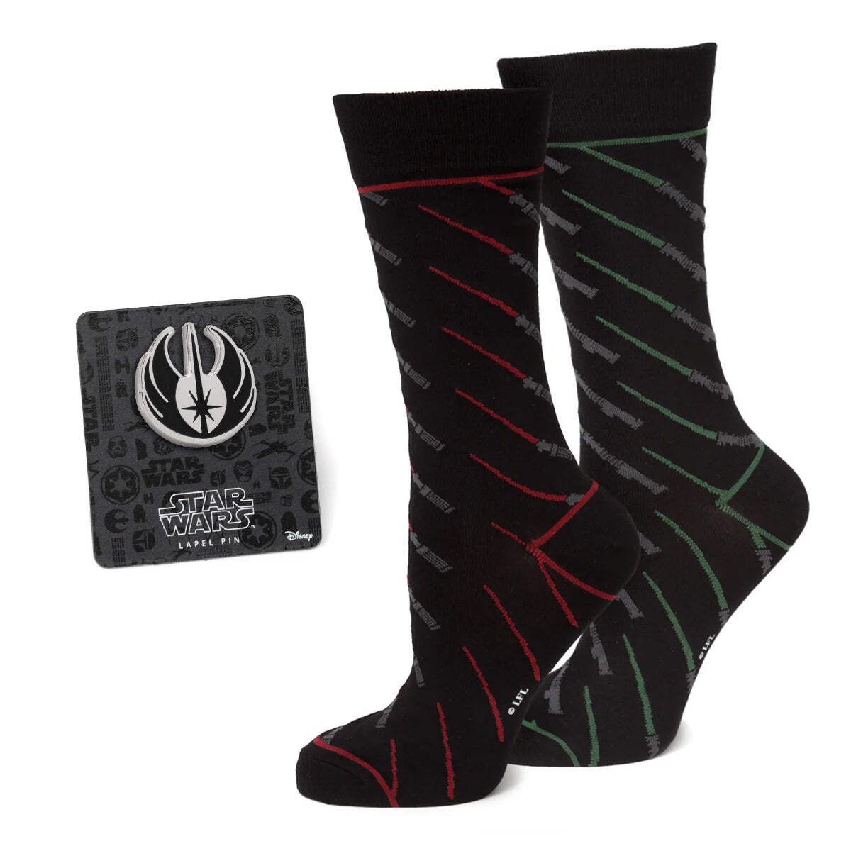 Star Wars Green and Red LIGHTSABER Pattern Black Dress Socks with Jedi Crest Lap