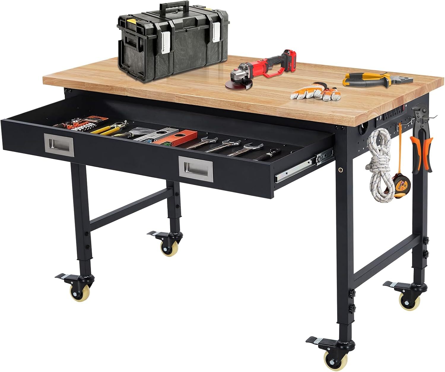 Adjustable Height Workbench 48" x 24", Solid Rubber Wood Top, Sturdy Metal Frame
