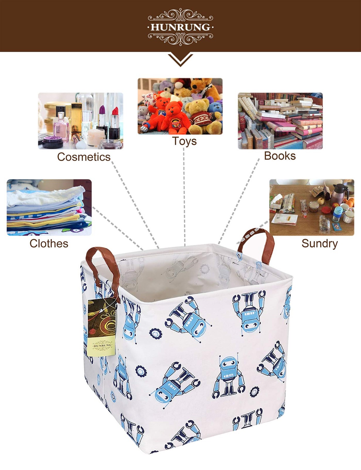 Square Storage Bins Laundry Basket Foldable Gift Baskets Bedroom(Blue robot)