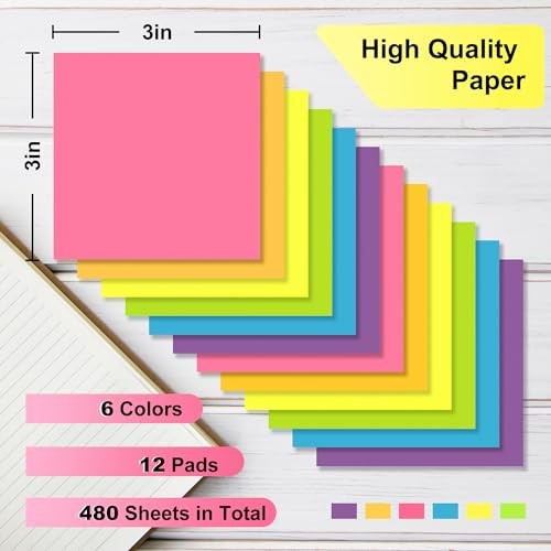 Sticky Notes - 12 Pads, 3”x3” - Colorful Self-Stick Post Notes Bulk - Square