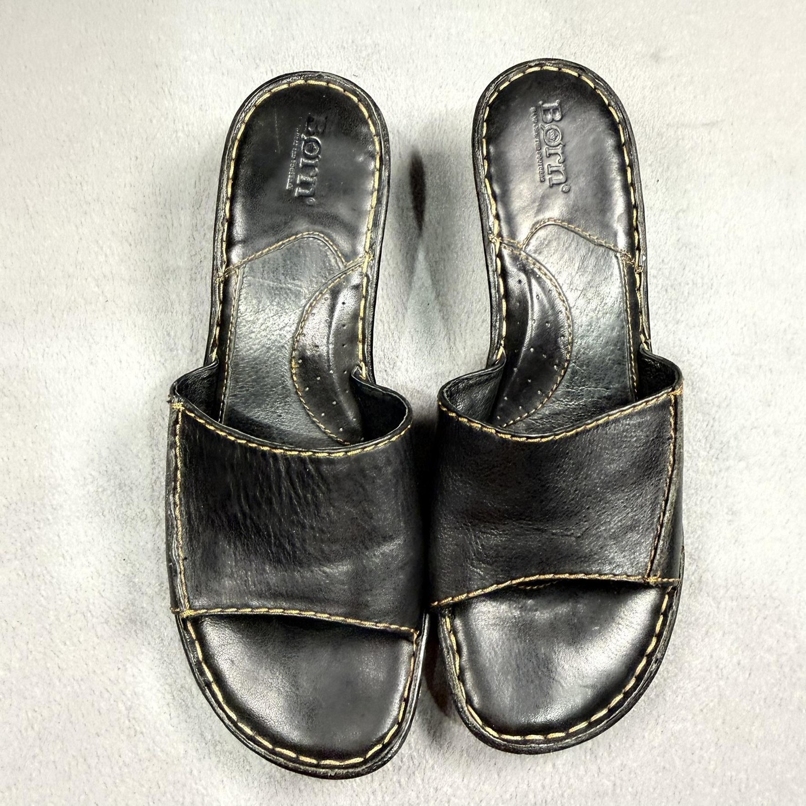 Born Sandals Womens Size 10 Black Leather Slide Wedge Comfort Shoes W31101