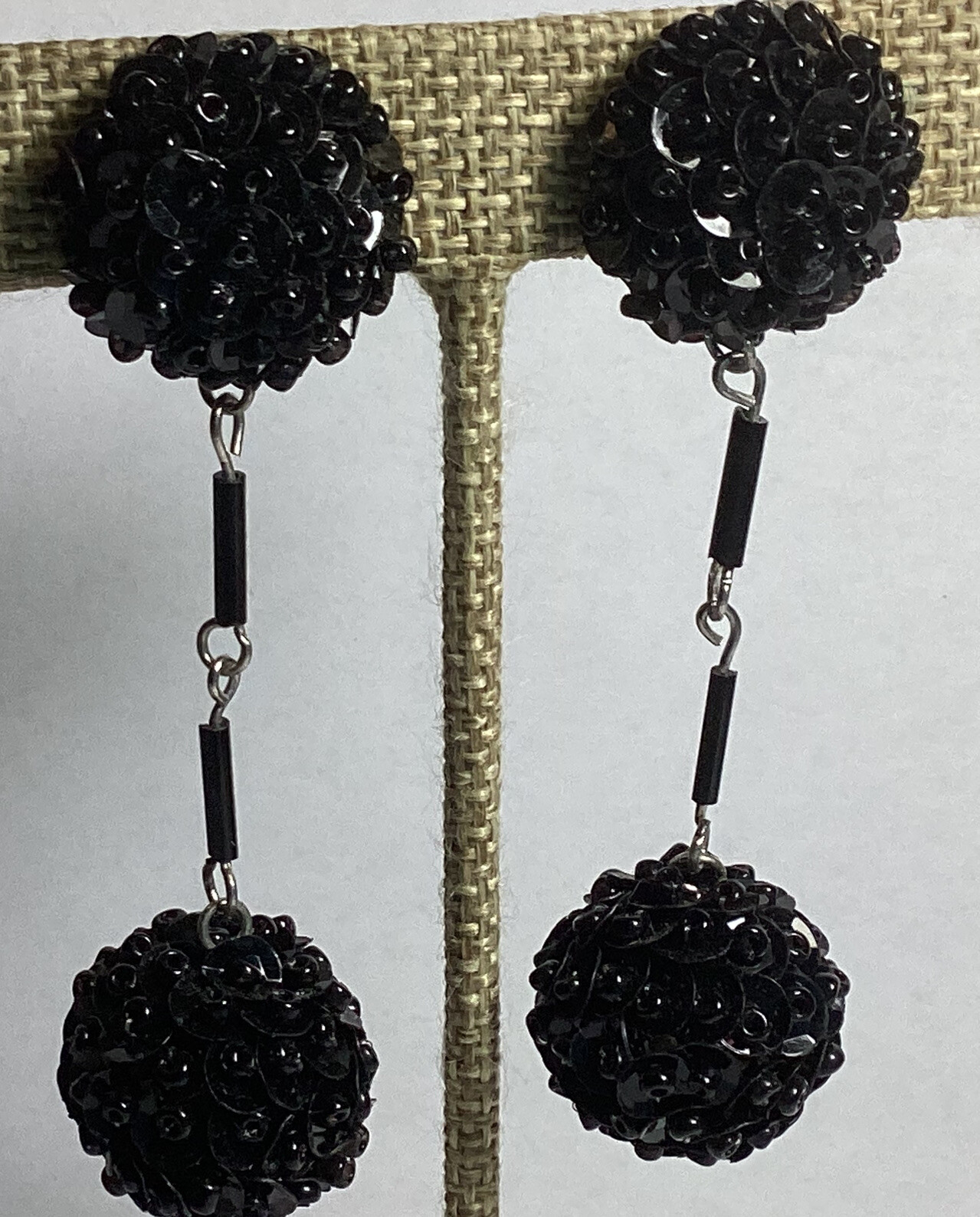 PAIR OF BLACK DANGLE BALL CLIP-ON EARRINGS MADE OF SEQUINS & SEED BEADS PRETTY
