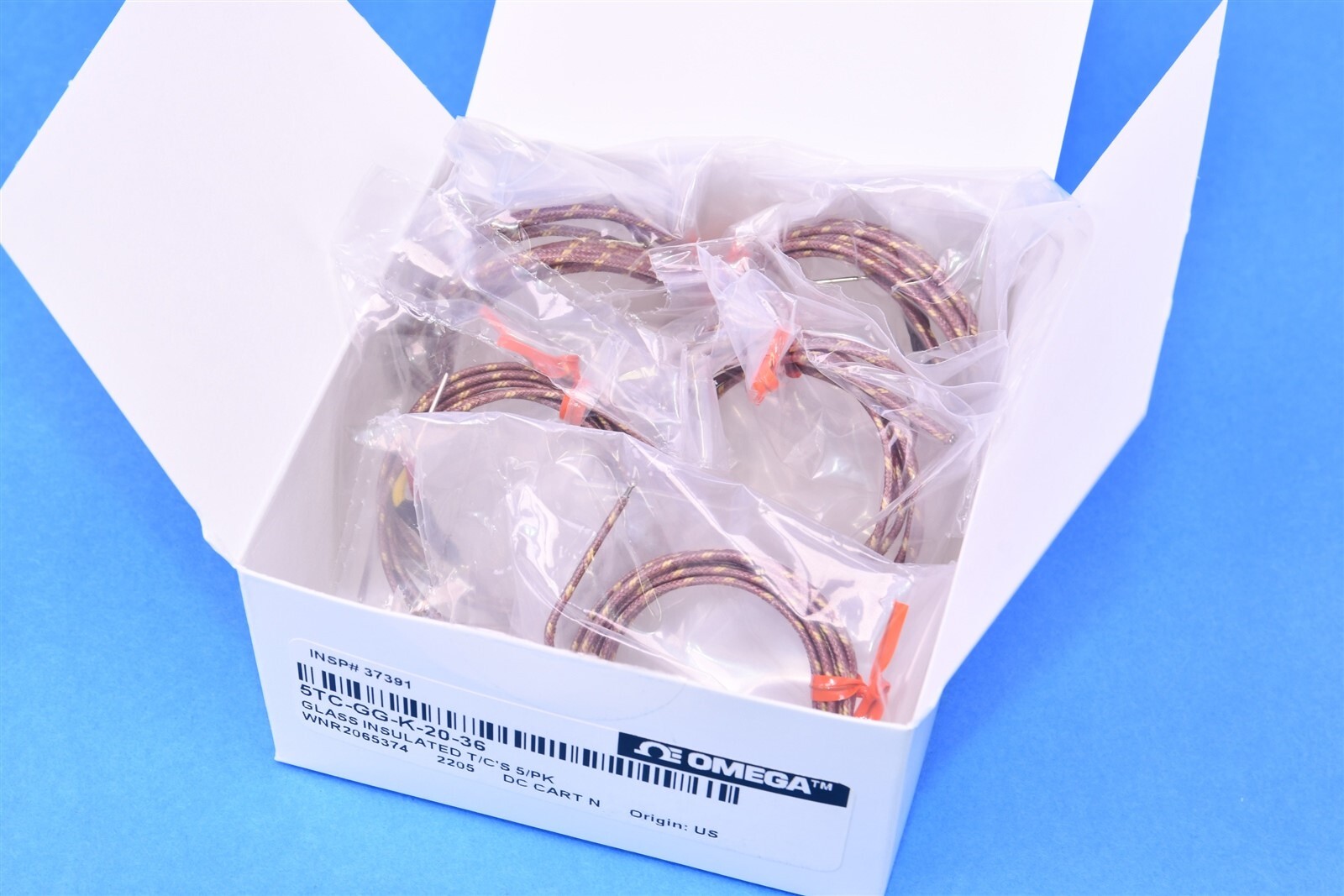 (5) Omega Insulated Thermocouple Wire 5 TC Series Type K Glass Braid 20 AWG 1 m