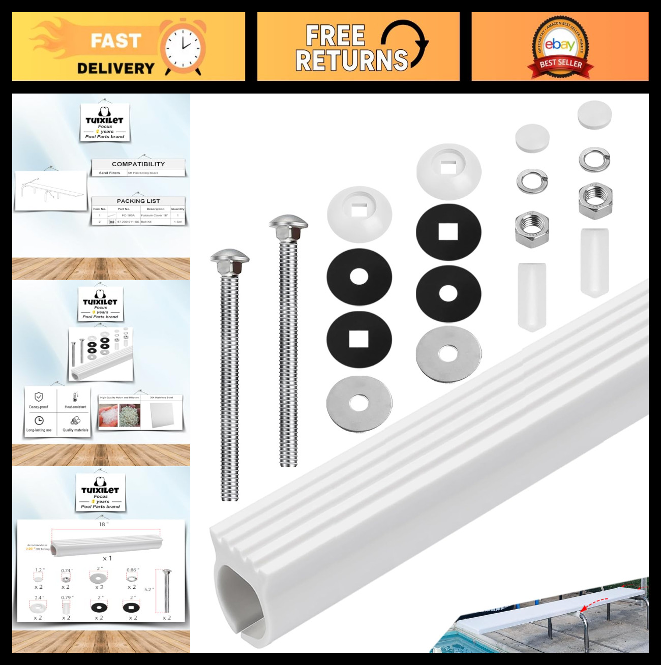 Diving Board Parts Kit - U-Frame Fulcrum Cover & Bolts for 6'-12' Boards, Ingrou