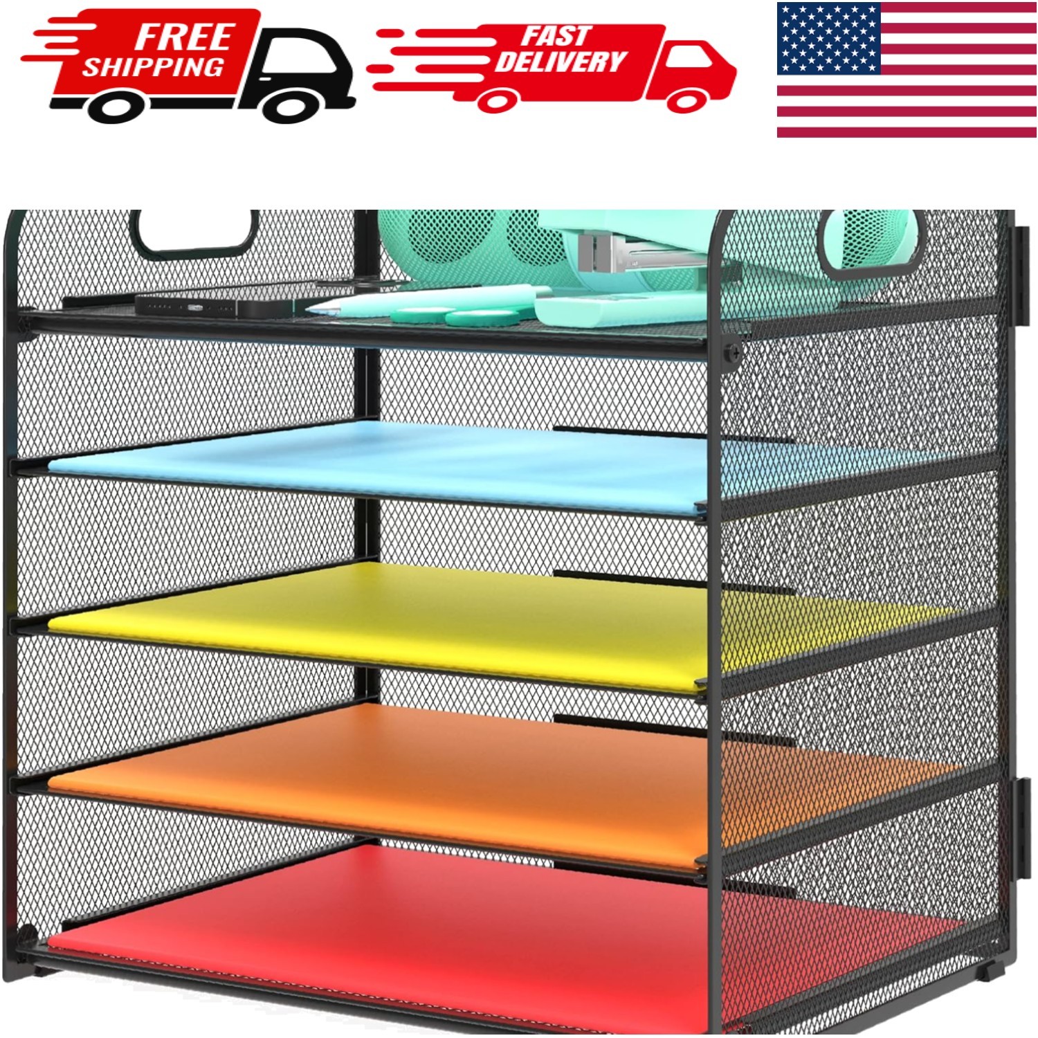 5 Tier Paper Organizer with Handle, Metal Mesh Desk Organizer File Folder Paper