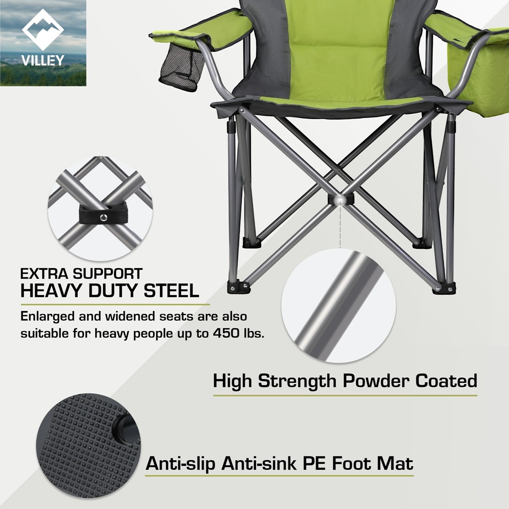 VILLEY Portable Oversized Camping Chairs Heavy Duty Foldable Chairs w/Cooler Bag