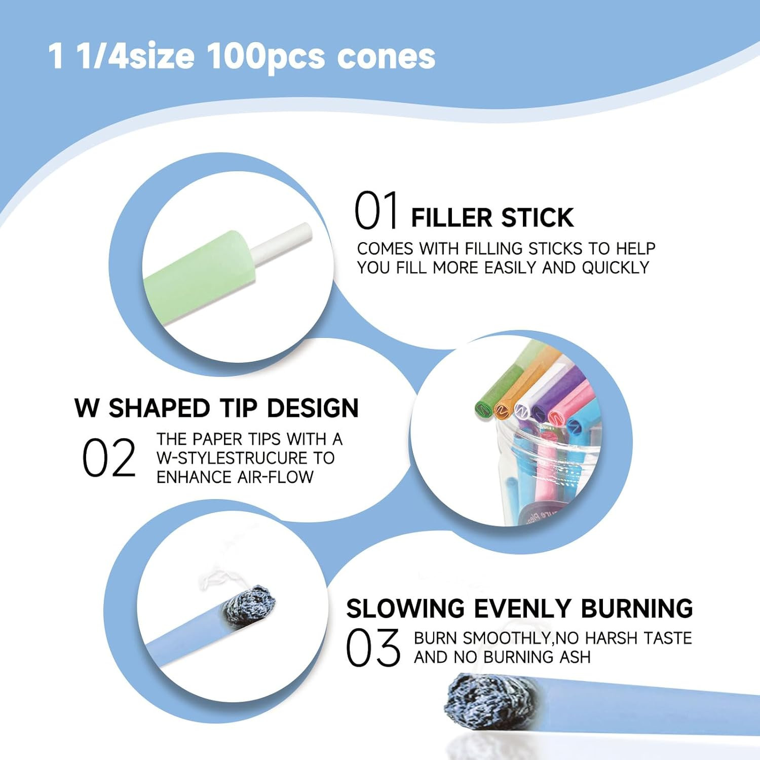 100 PACK Colorful Pre Rolled Cones| King Size Rolling Paper Cone with Loader...