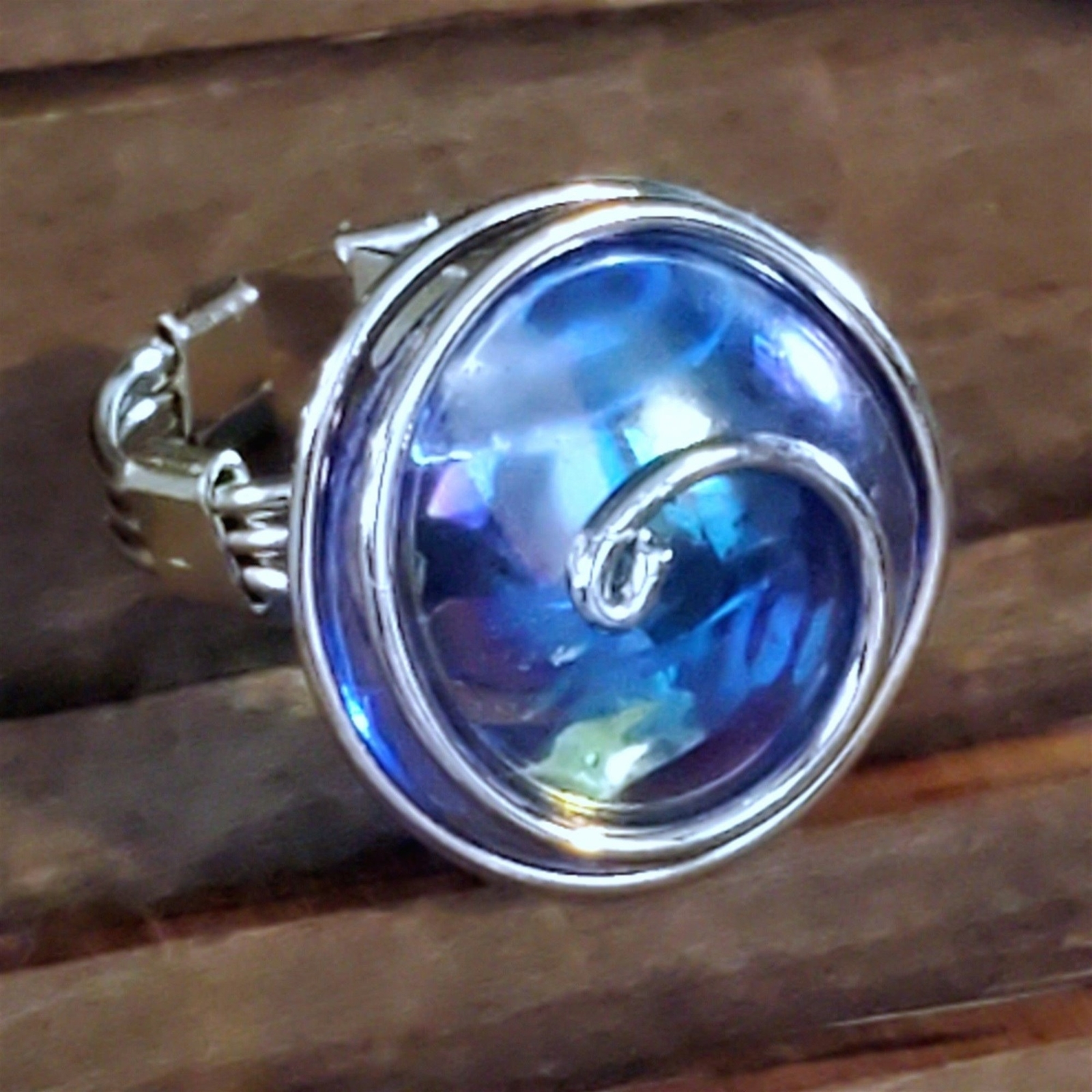 Handcrafted Edgy Cobalt Blue Luster Silver Spiral Luster Glass Bauble Ring