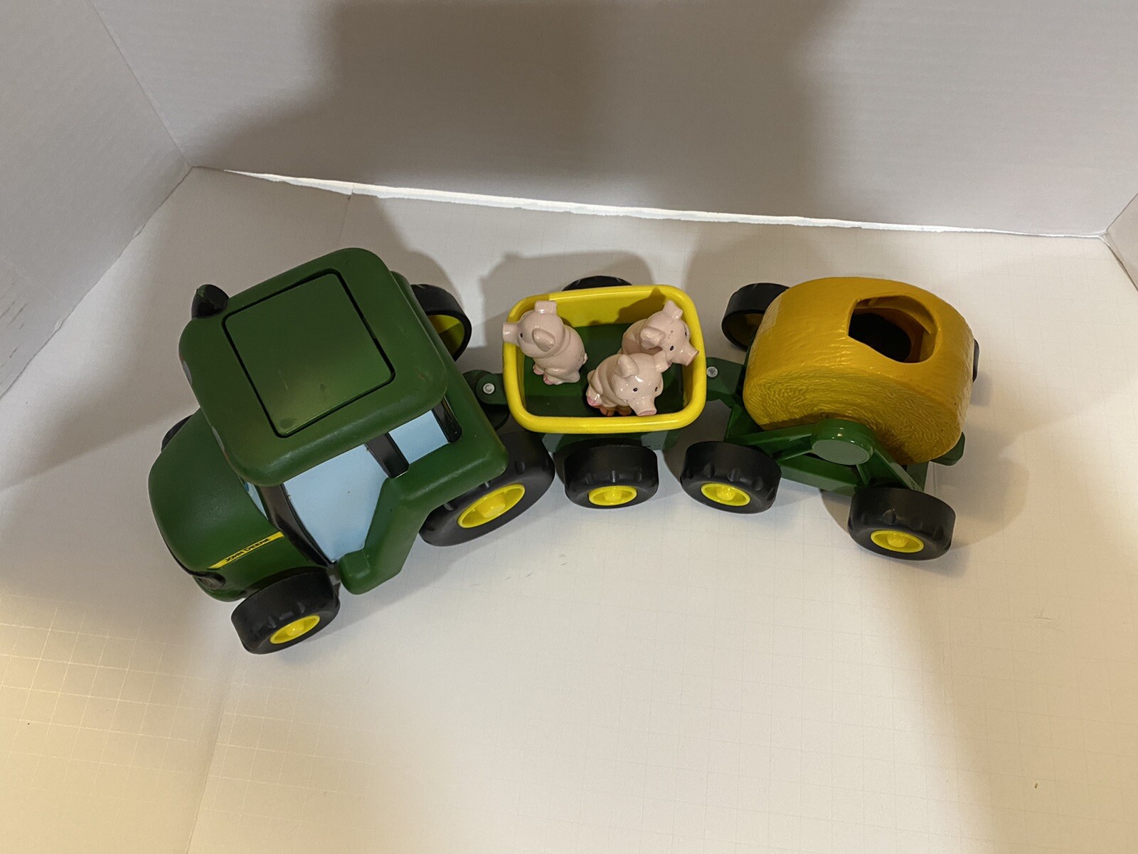 John Deere Rubber & Plastic Three Pc Tractor Set. Push Button & Music Plays