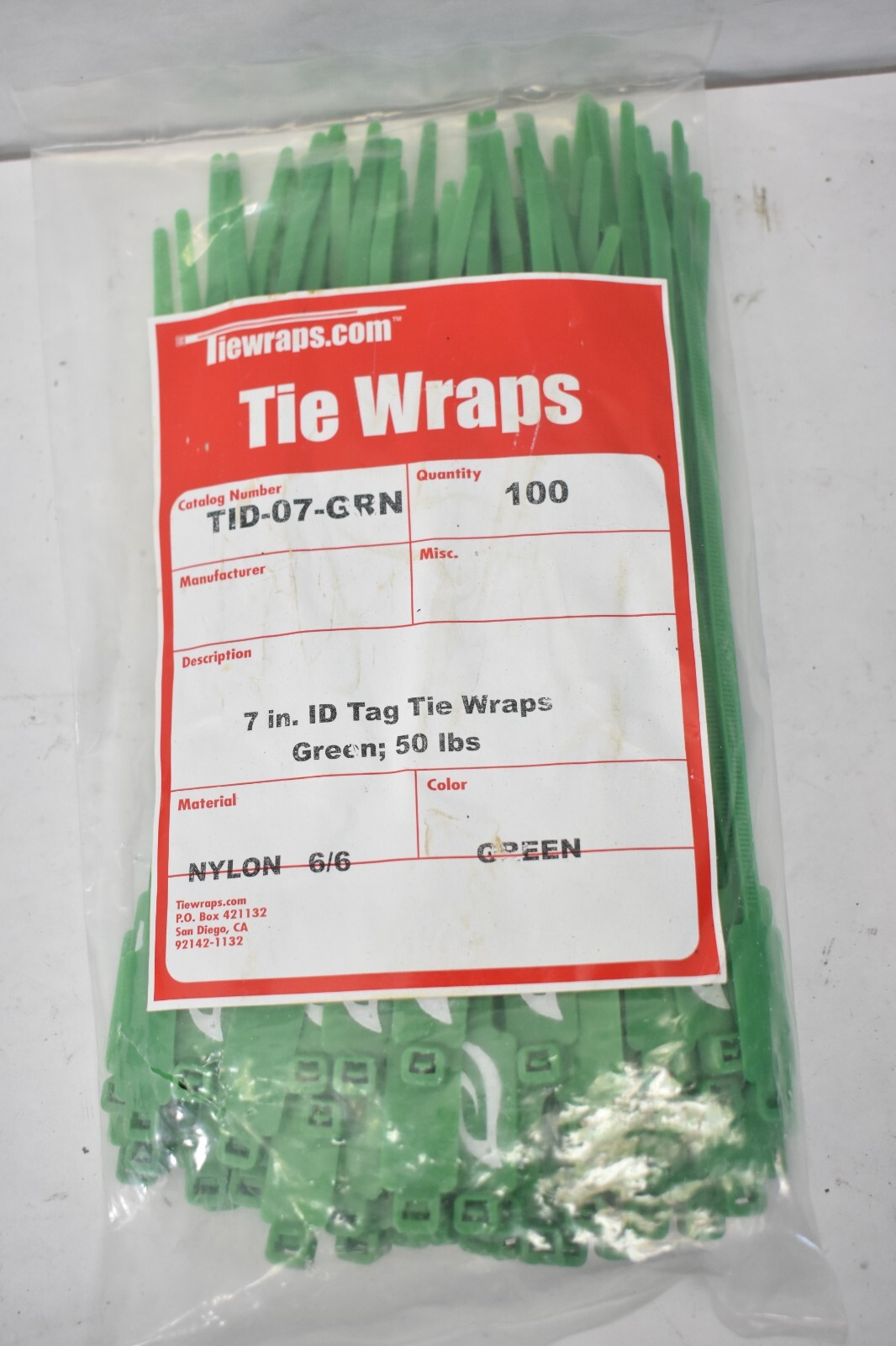 Tie Wraps 7" ID Tag Tie Green 50lbs 100 Pack Nylon 6/6 TID-07-GRN Genuine