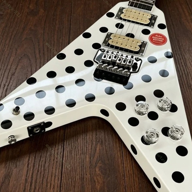 Solid Electric Guitar V Stainless Rounded Fret White Body with Black Polka Dot