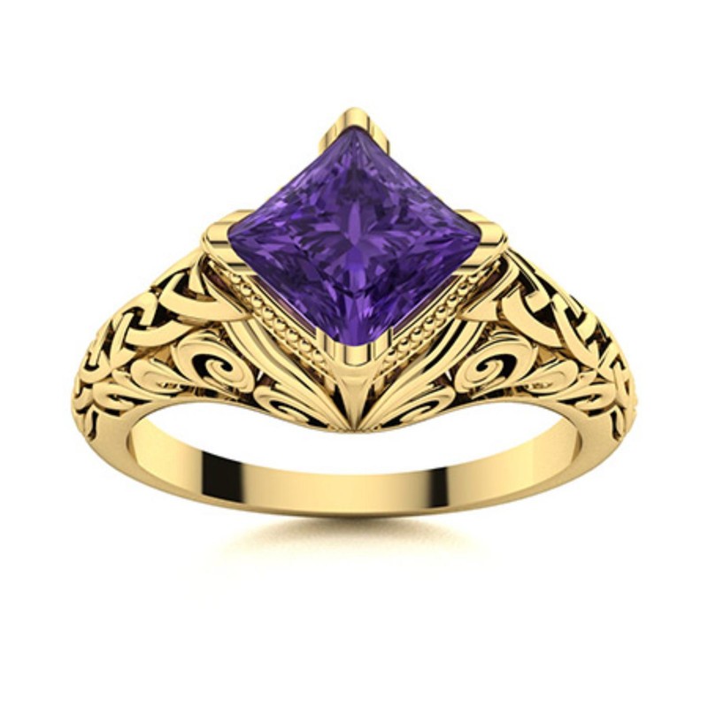 Natural Amethyst 925 Sterling Silver Art Deco Prong Solitaire Boho Ring