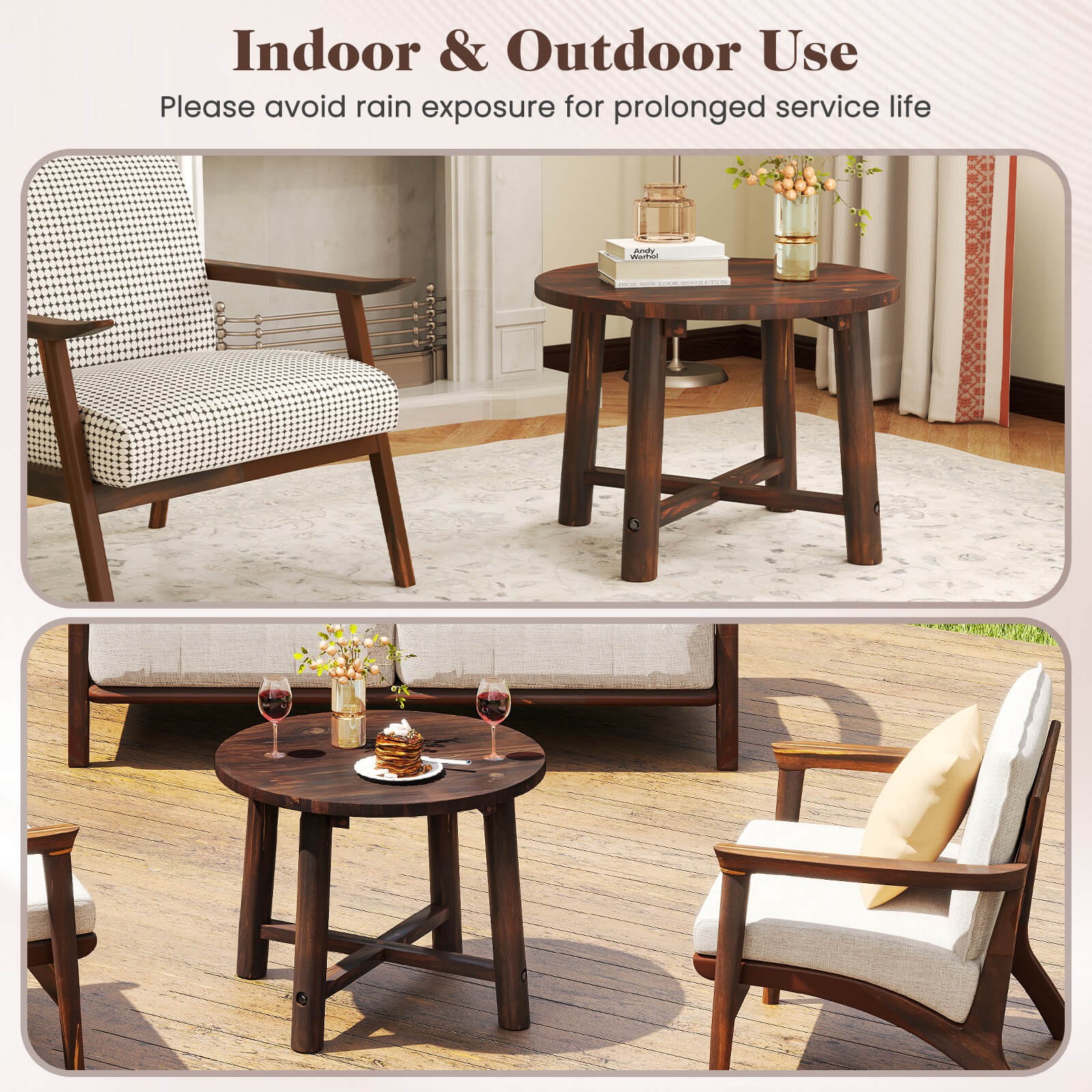 Outdoor Side Table w/ Solid Wood Structure Small Round Coffee Table for Garden