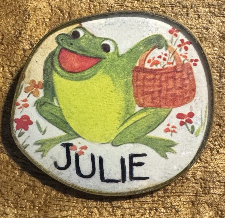 Vintage Name Tag "Julie" with Frog & Basket