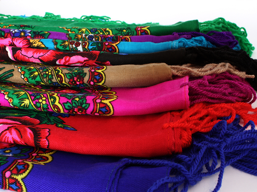 Beautiful shawl scarf 14 col flower patterns fringes POLISH folk cotton vintage