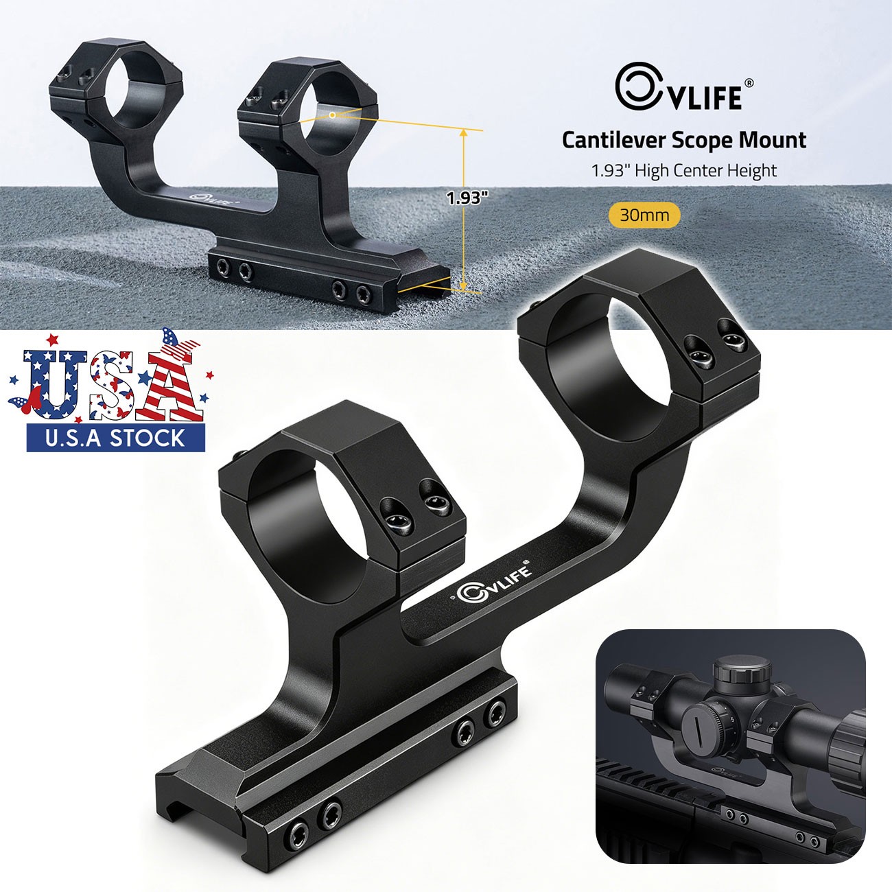 Cantilever 1.93‘’ High Profile Rifle Scope Mount 30mm Rings Fits Picatinny Rails