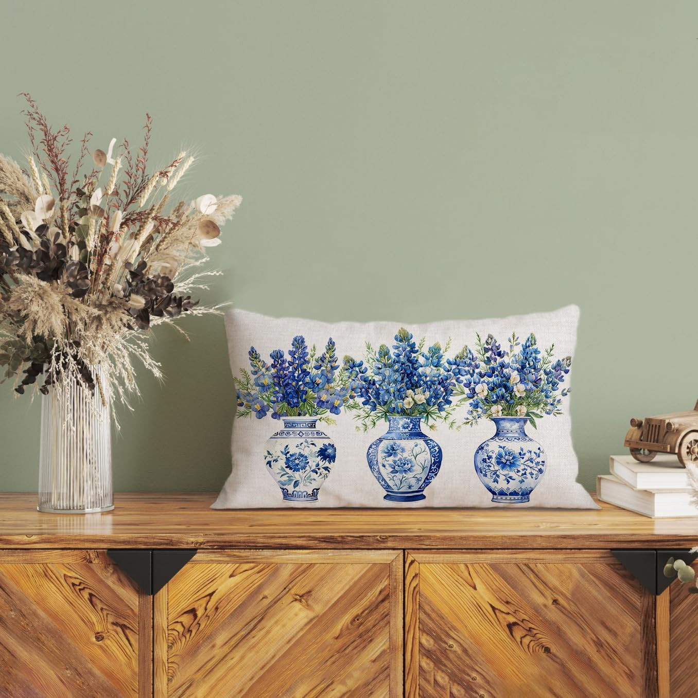 Bluebonnet Throw Pillow Cover 12x20 Inch Spring Blue Floral Chinoiserie Vase Pil