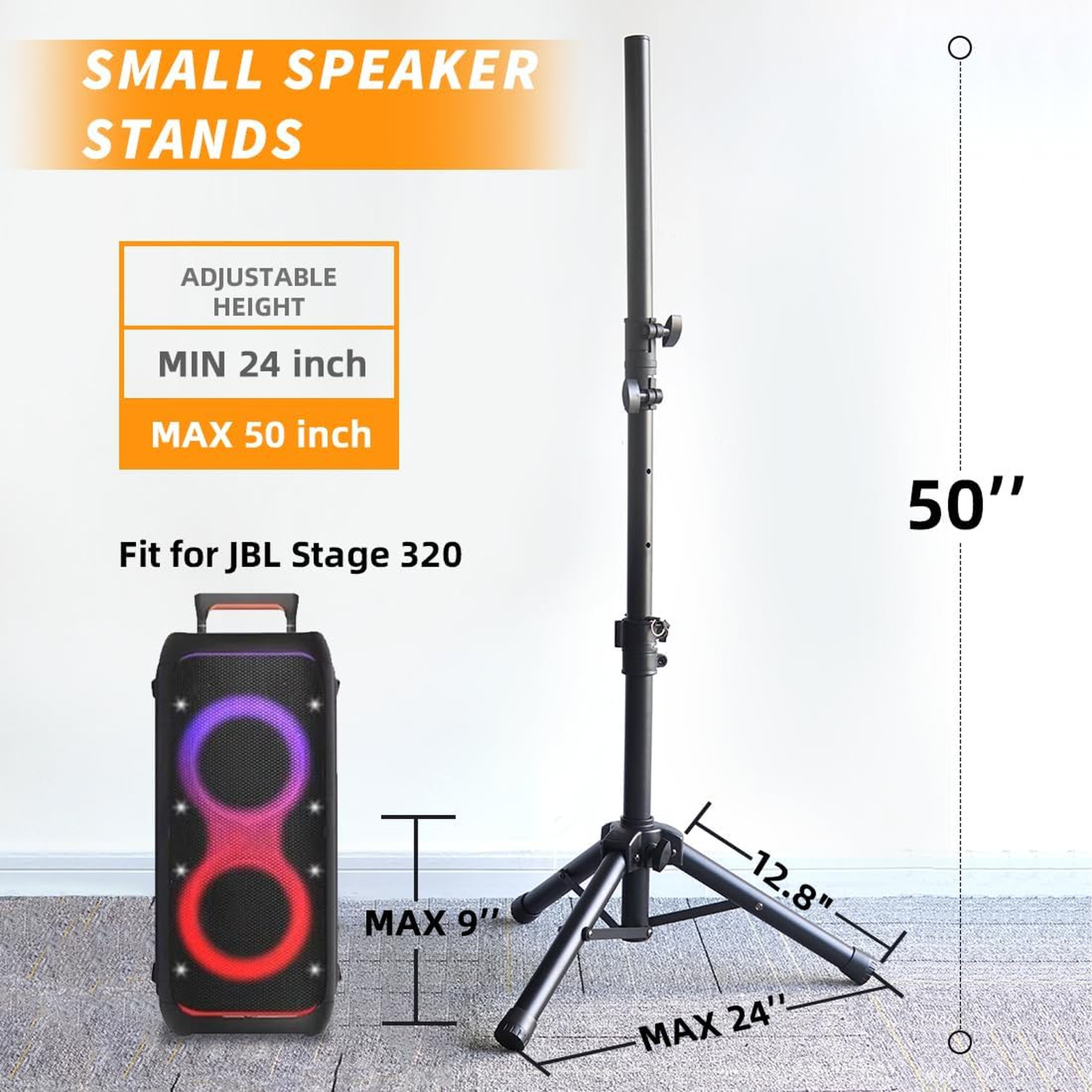 Small Speaker Stands 2 Pack, Adjustable Tripod, Lightweight, Supports 55 lb