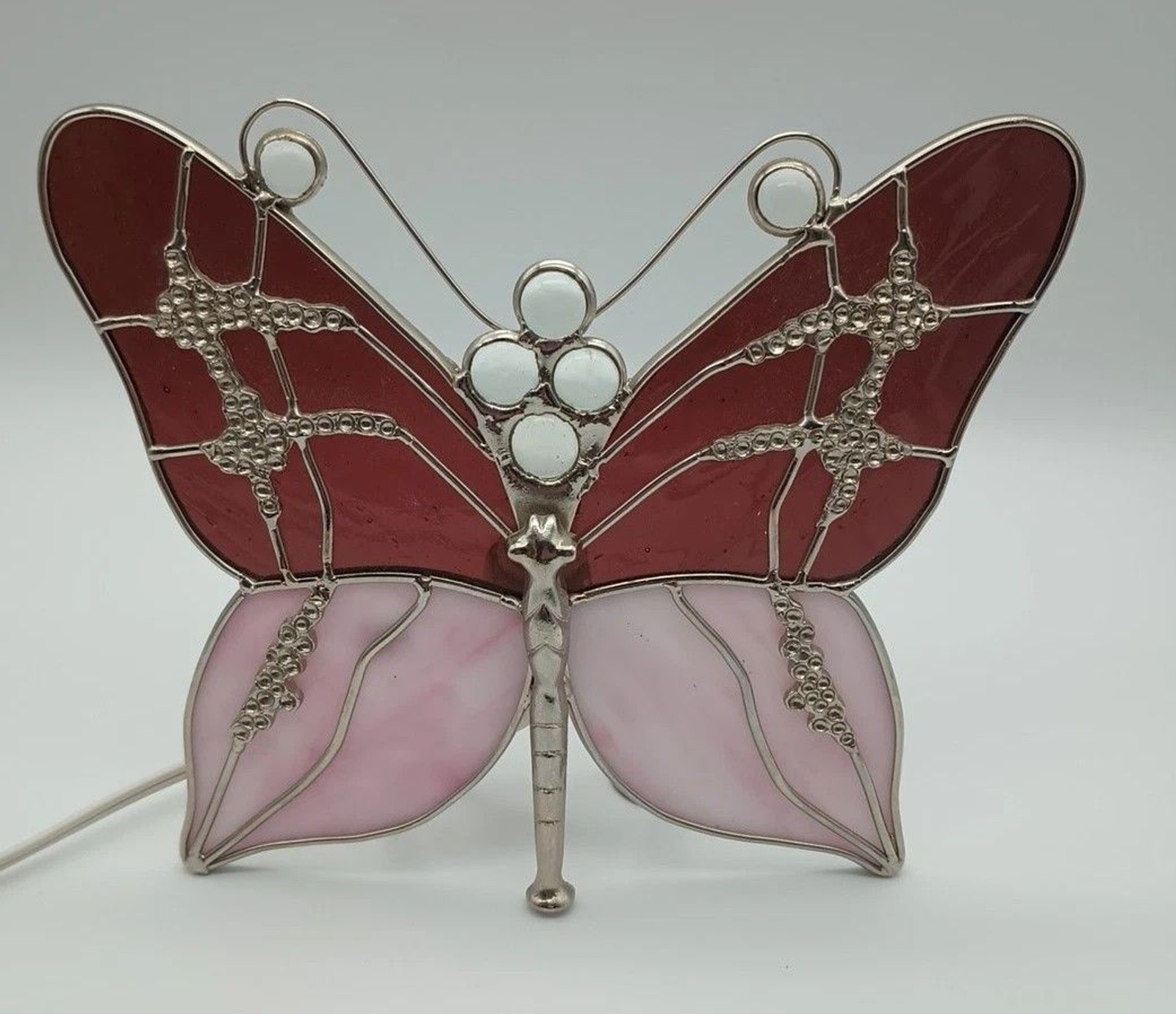 Stained Glass Purple & Pink Butterfly Night Light 7"x8" Silver Accents H6